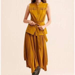 Anthropologie Pleated Sleeveless Midi Dress in "Cedar" Brown Size 2X
